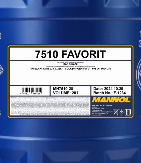 20 Liter MANNOL Favorit 15W-50 15W50 API SL CH-4 Motoröl ÖL 4036021165455
