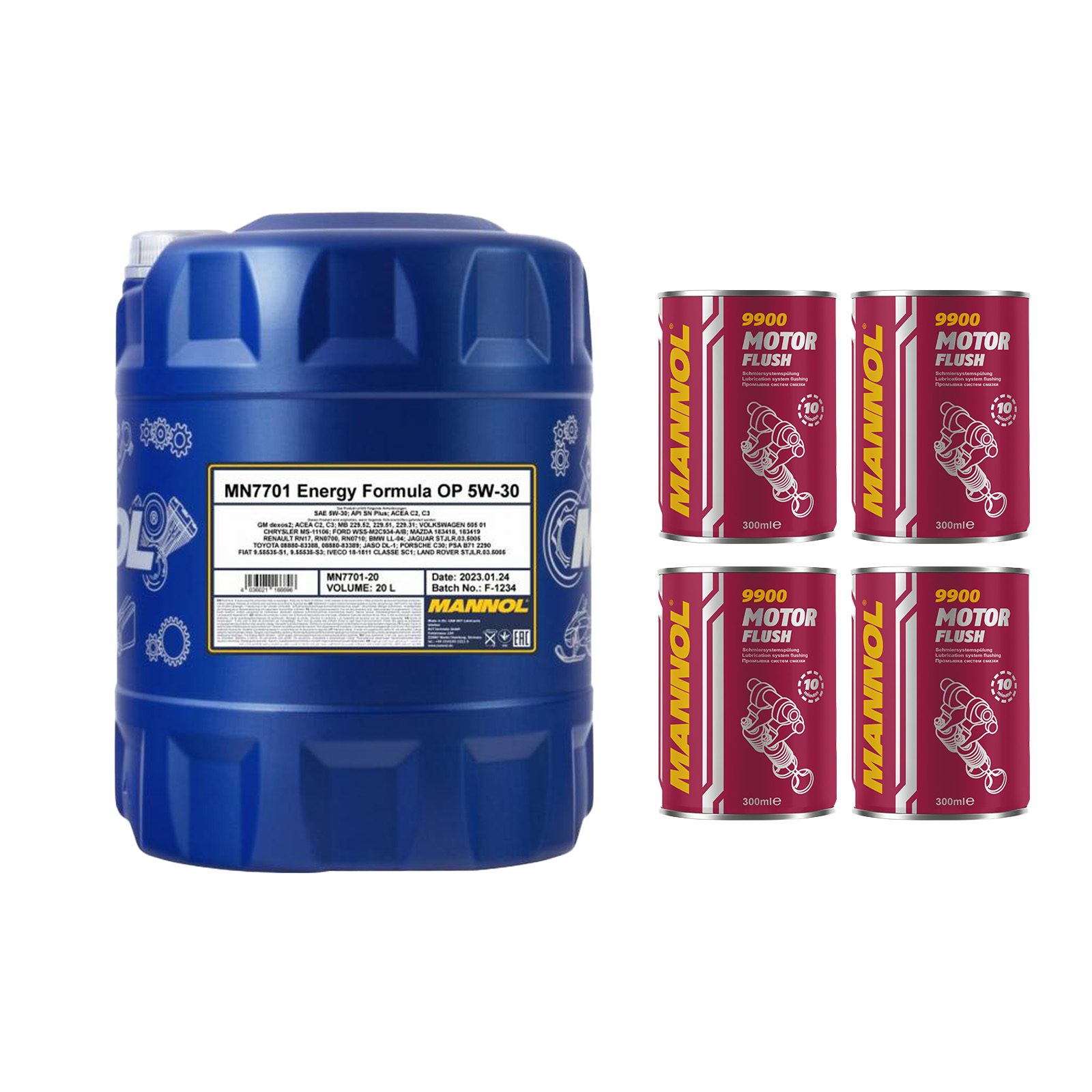 20 Liter MANNOL Energy Formula OP 7701 5W-30 Motoröl x 4x Motor Flush