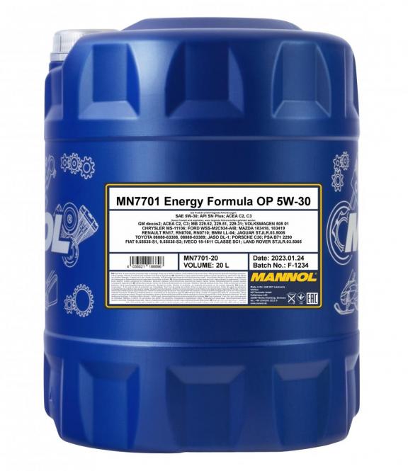 80 Liter (4x20) MANNOL Energy Formula OP 7701 5W-30 API SN Plus Motoröl