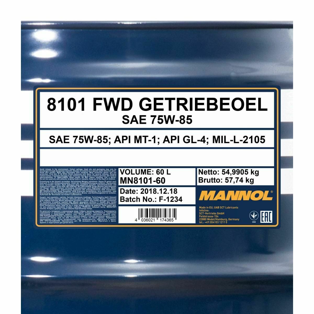 60 Liter MANNOL FWD Getriebeöl 75W-85 API GL 4 75W85 Getriebe Öl