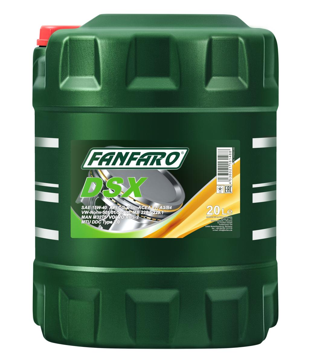 20 Liter FANFARO DSX 15W-40 CH-4/SL Motoröl E3 B3 A3 passend für VW 505.00 501.00 MB 229.1