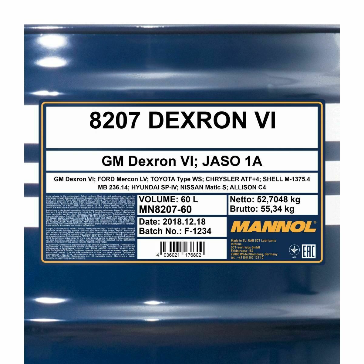60 Liter MANNOL Dexron VI Getriebeöl Automatikgetriebe Öl 4036021101057