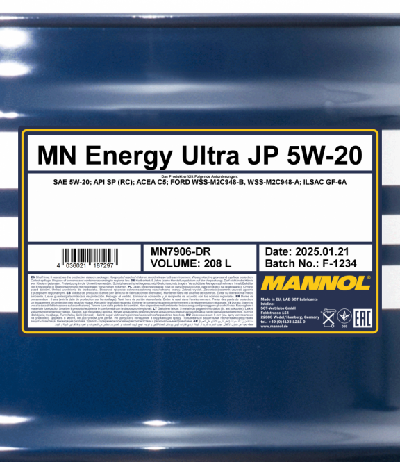 208 Liter MANNOL Energy Ultra JP 5W-20 API SP (RC) 7906 Motoröl