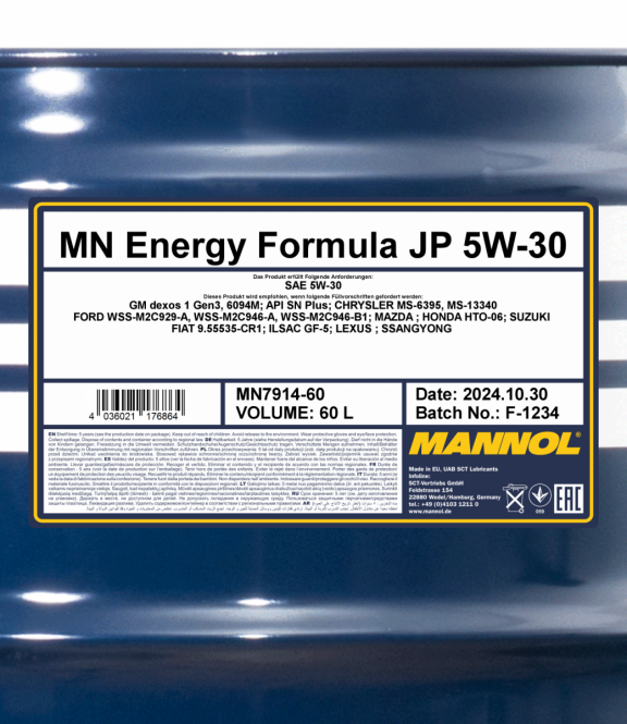 60 Liter MANNOL Energy Formula JP 7914 5W-30 API SN Plus Motoröl