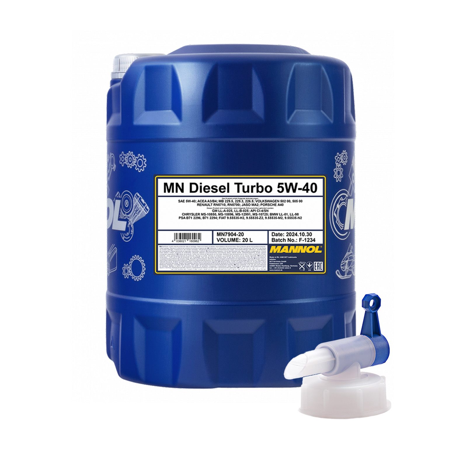 20 Liter MANNOL Diesel Turbo 5W-40 5W40 API CI-4/SN Motoröl ÖL 1x Ablasshahn