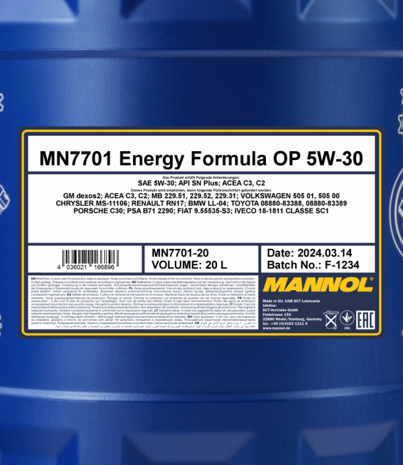 60 Liter (3x20) MANNOL Energy Formula OP 7701 5W-30 API SN Plus Motoröl