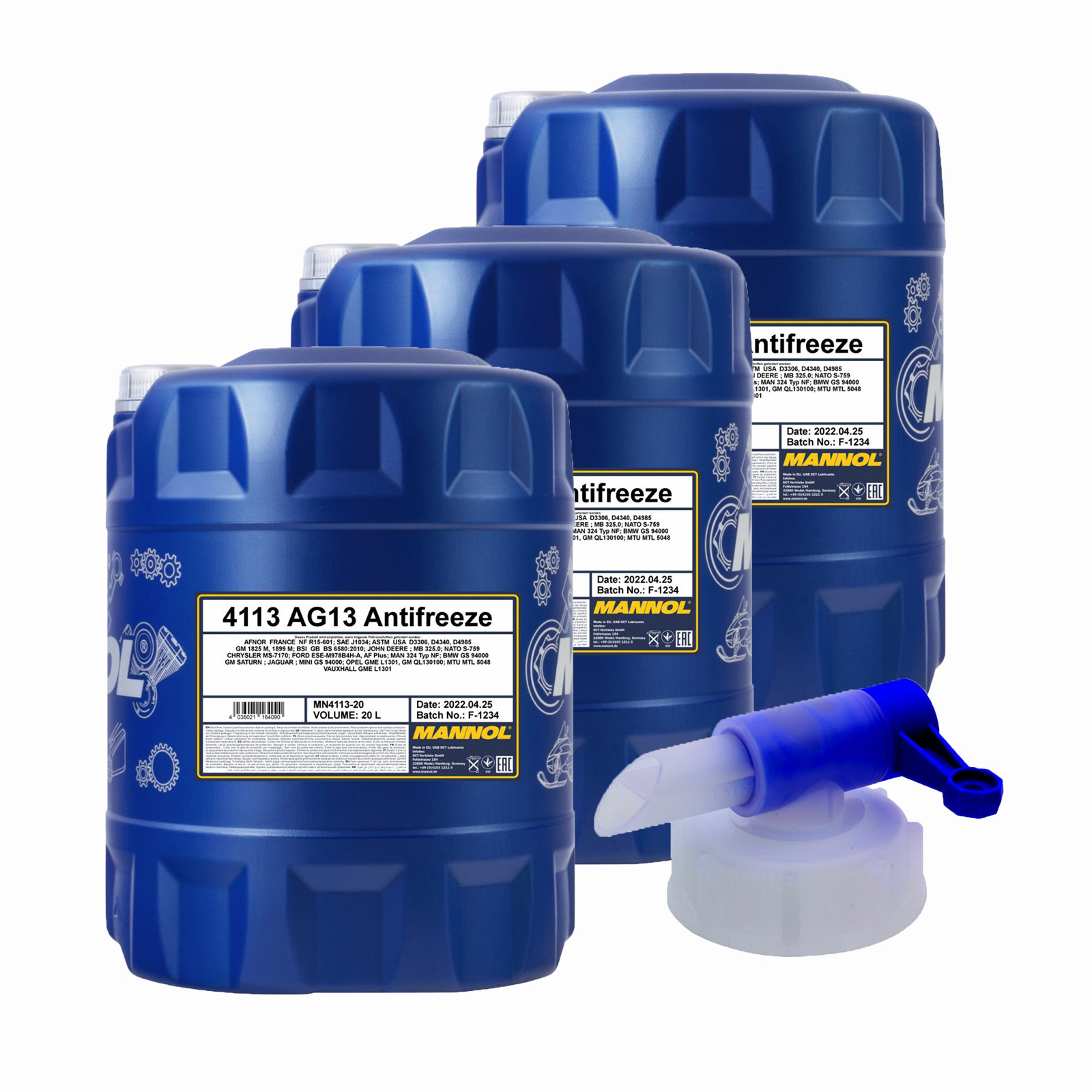 60 Liter (3x20) MANNOL Hightec Antifreeze AG13 Kühlflüssigkeit + Ablasshahn