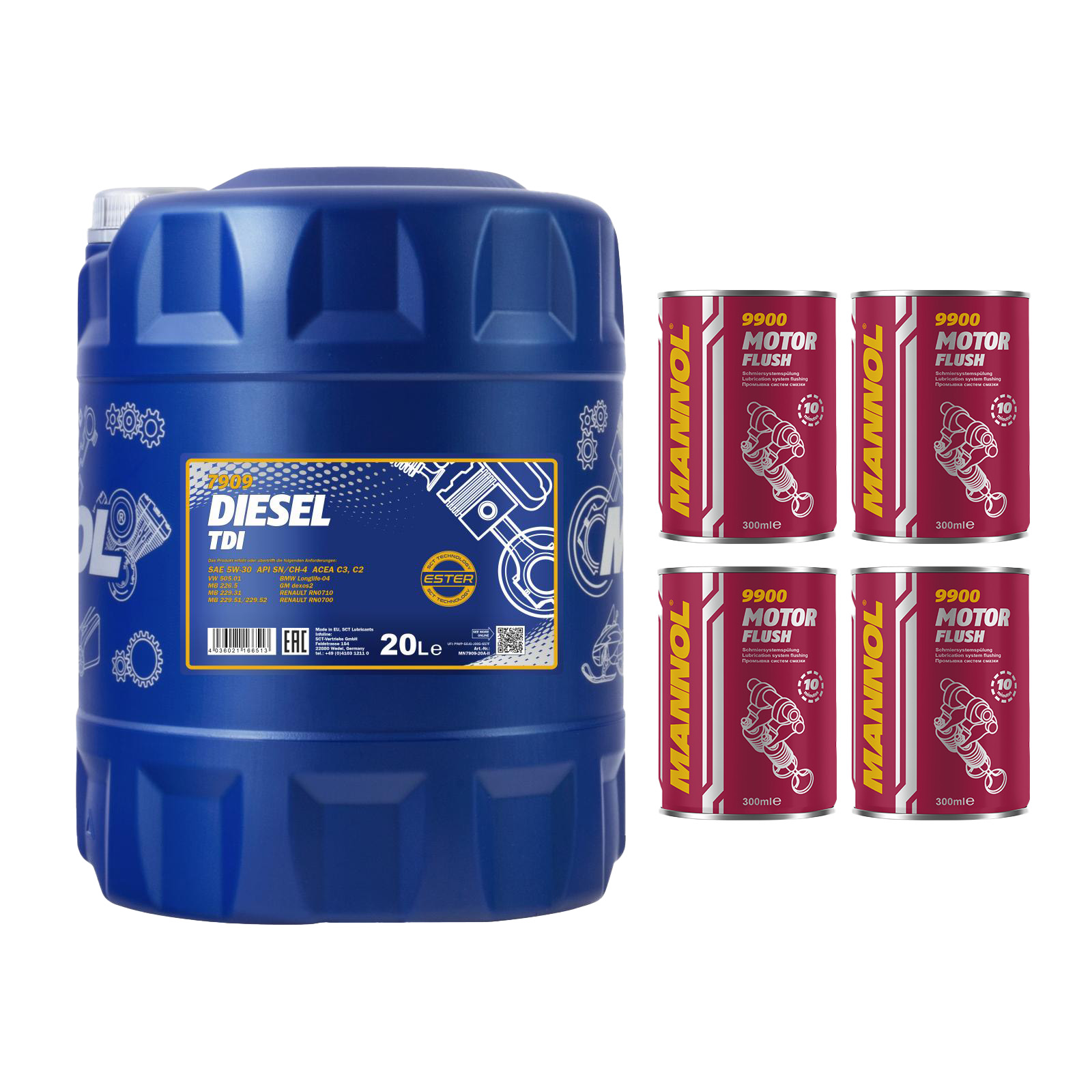 1x20 Liter MANNOL Diesel TDI 5W-30 5W30 Motoröl ÖL 4x Motor Flush 9900 Set