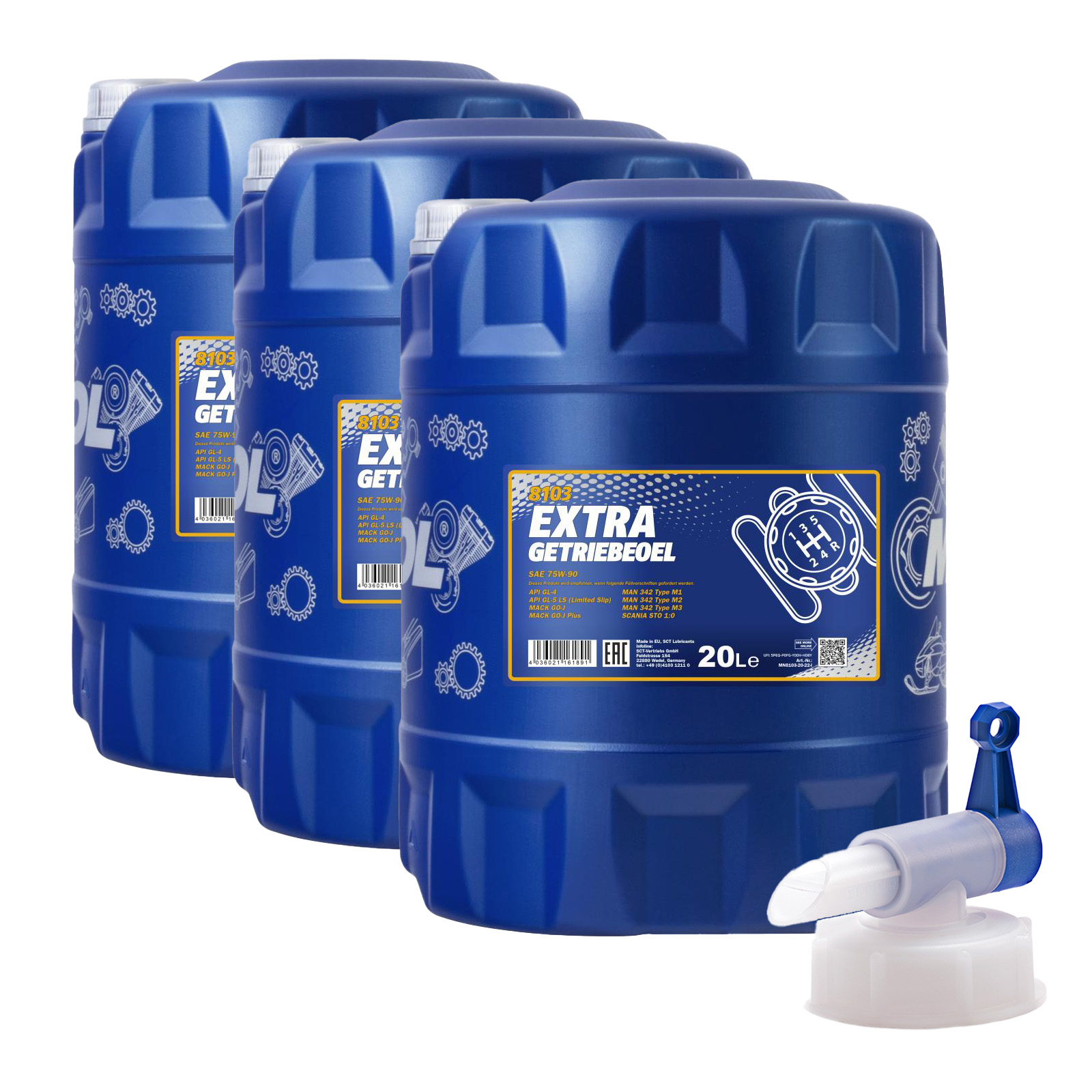 60 Liter (3x20) MANNOL 8103 Extra Getriebeöl 75W-90 GL-4/GL-5 LS + 1x Ablasshahn 60 Liter (3x20) MANNOL 8103 Extra Getriebeöl 75W-90 GL-4/GL-5 LS + 1x Ablasshahn