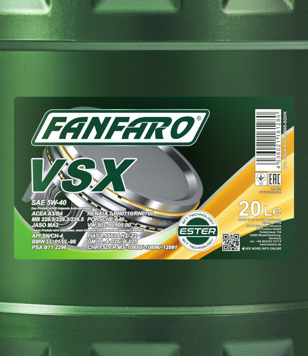 40 Liter (2x20) FANFARO VSX 5W-40 Motoröl A3 B4 MB passend für VW 505.00 BMW LL-01 Opel LL-A