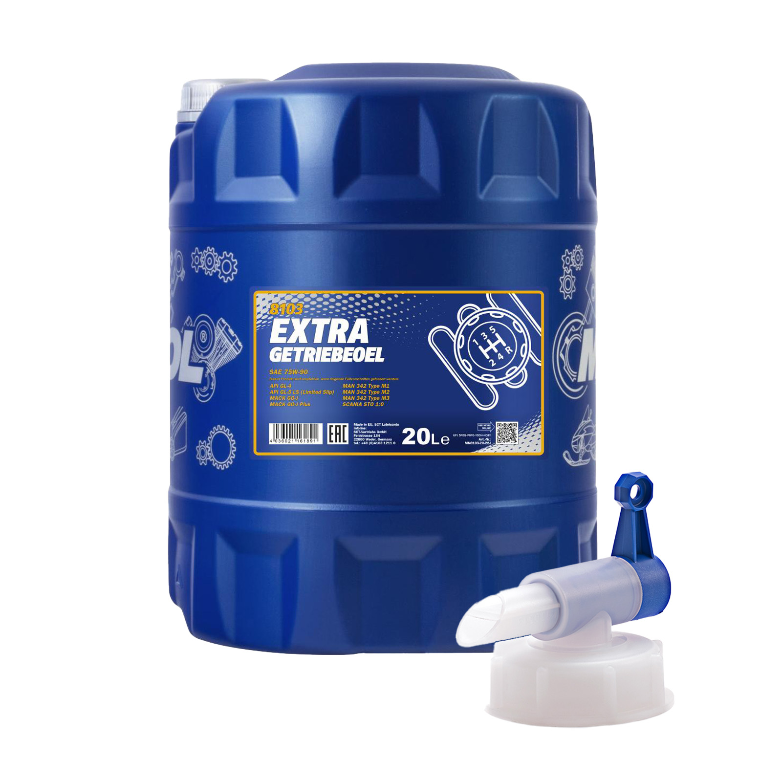 20 Liter MANNOL Extra Getriebeöl 75W-90 API GL-4/GL-5 LS MN8103 + 1x Ablasshahn 20 Liter MANNOL Extra Getriebeöl 75W-90 API GL-4/GL-5 LS MN8103 + 1x Ablasshahn