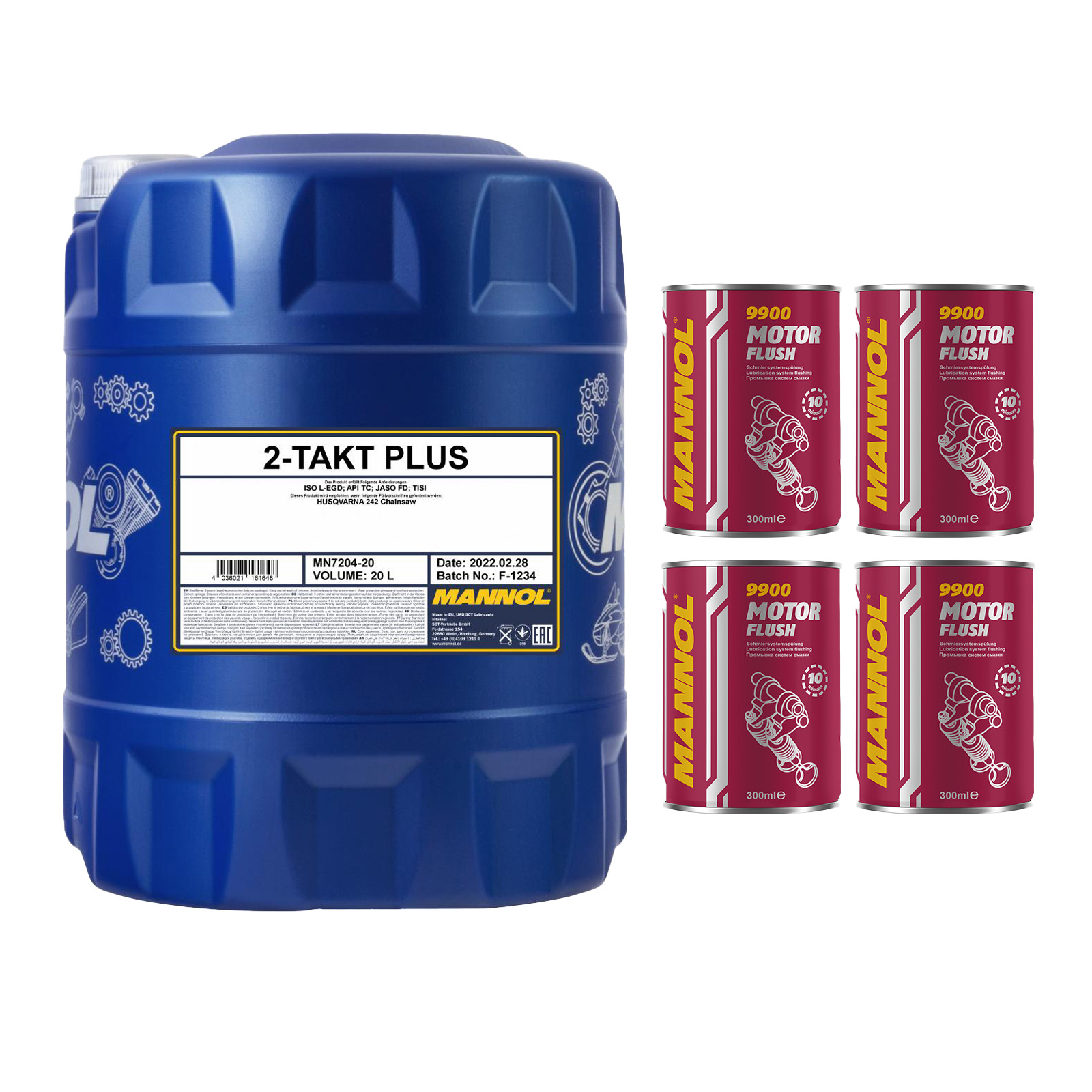 20 Liter MANNOL 2-Takt Plus 7204 API TC JASO FD Motoröl + 4x Motor Flush