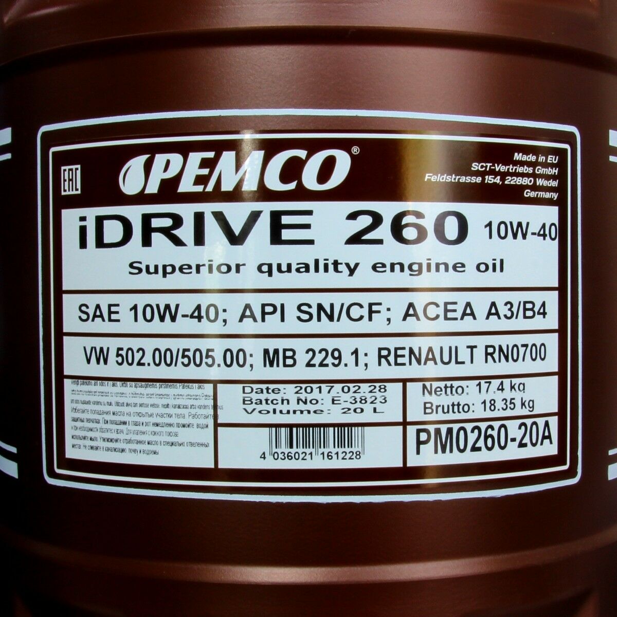 40 Liter PEMCO SAE 10W-40 API SN CH-4 iDrive 260 Motoröl - Classic +Ablasshahn