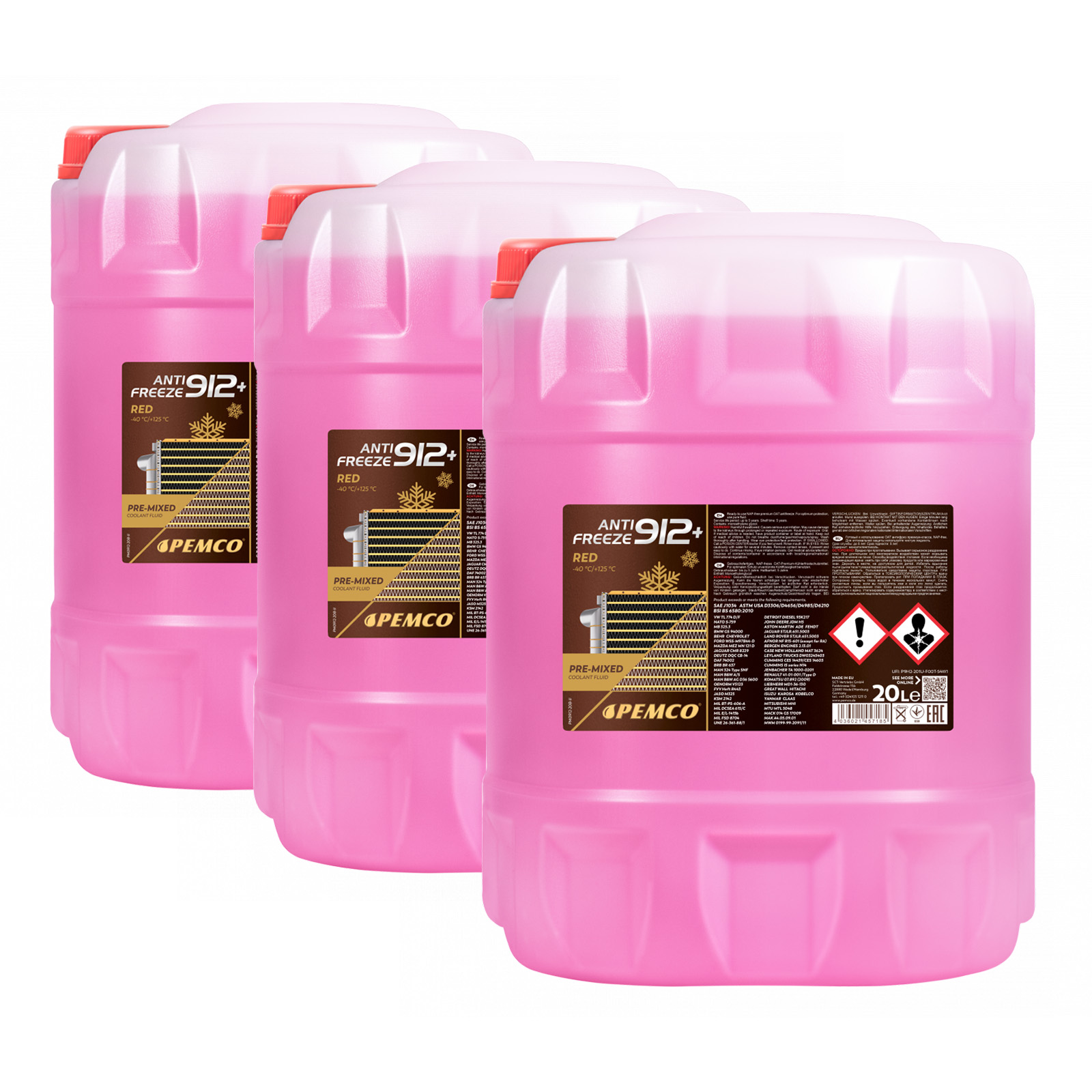 60 Liter (3x20) PEMCO Antifreeze 912+ Kühlerfrostschutz bis -40C rot PM0912