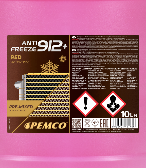 10 Liter PEMCO Antifreeze 912+ Kühlerfrostschutz bis -40C rot PM0912