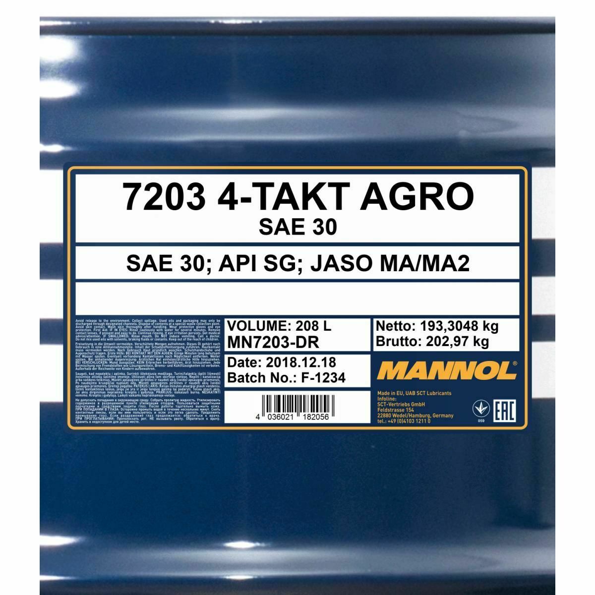 208 Liter MANNOL 4-Takt Agro 7203 SAE 30 API SL Motoröl für Gartengeräte
