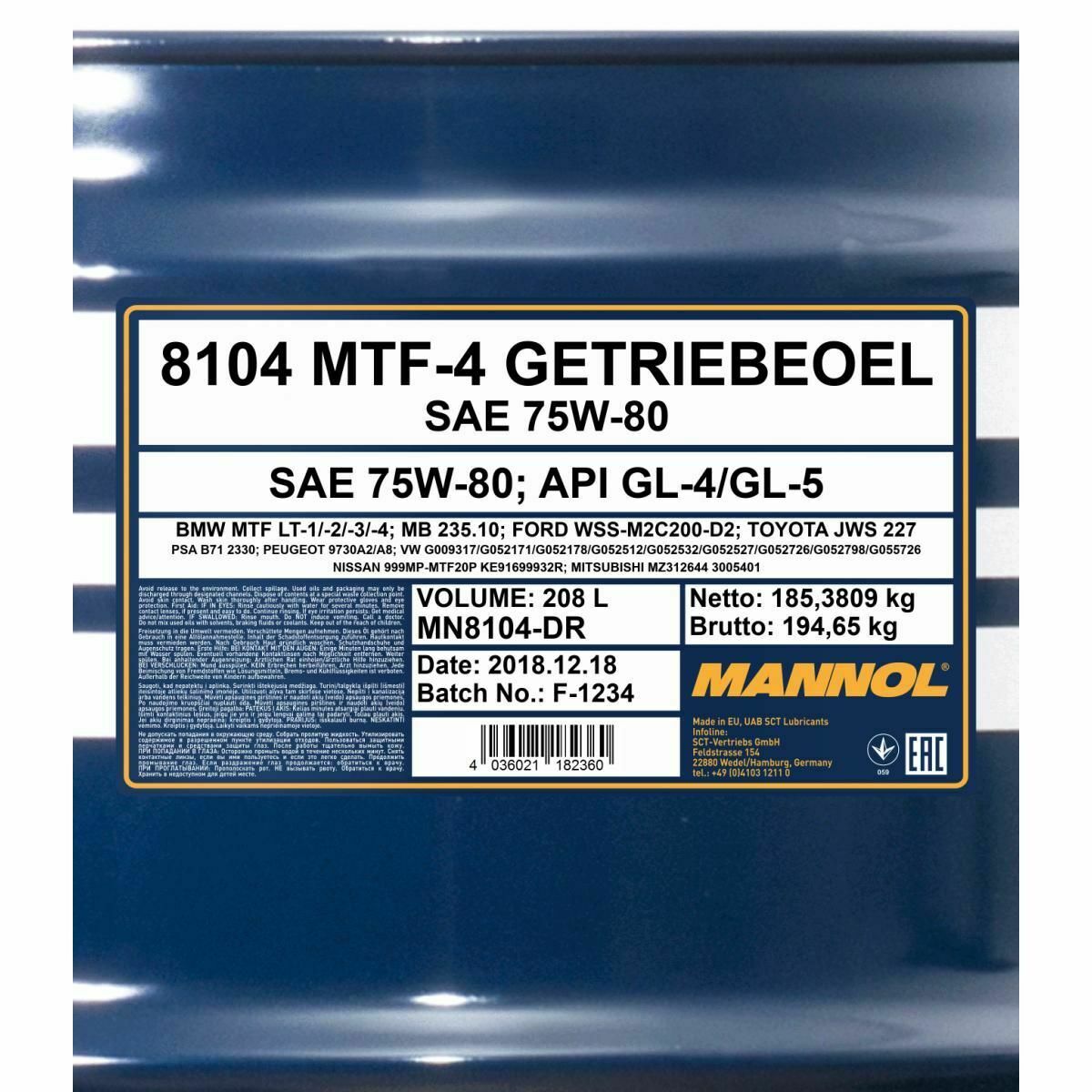 208 Liter MANNOL MTF-4 Getriebeöl API GL-4 75W-80 Getriebe Öl 75W80