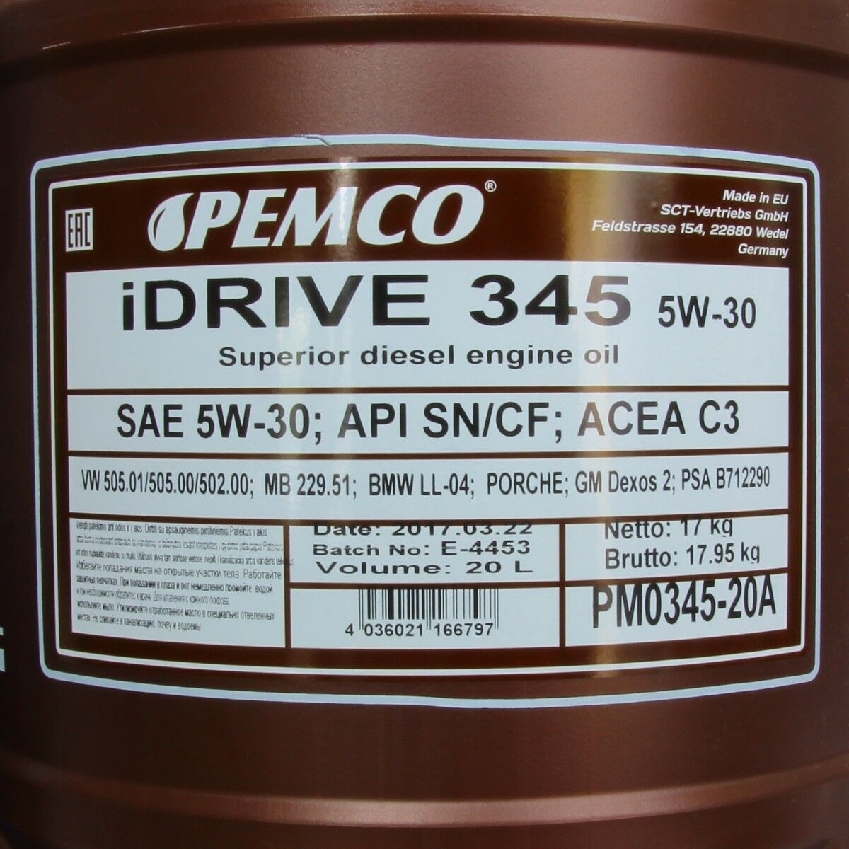 40 Liter (2x20) PEMCO SAE 5W-30 iDrive 345 Motoröl +Ablasshahn Motorenöl Schmierung