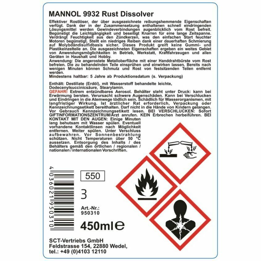 450ml MANNOL 9932 Rust Dissolver Rostlöser Rostentferner Kriechöl mit Molybdän