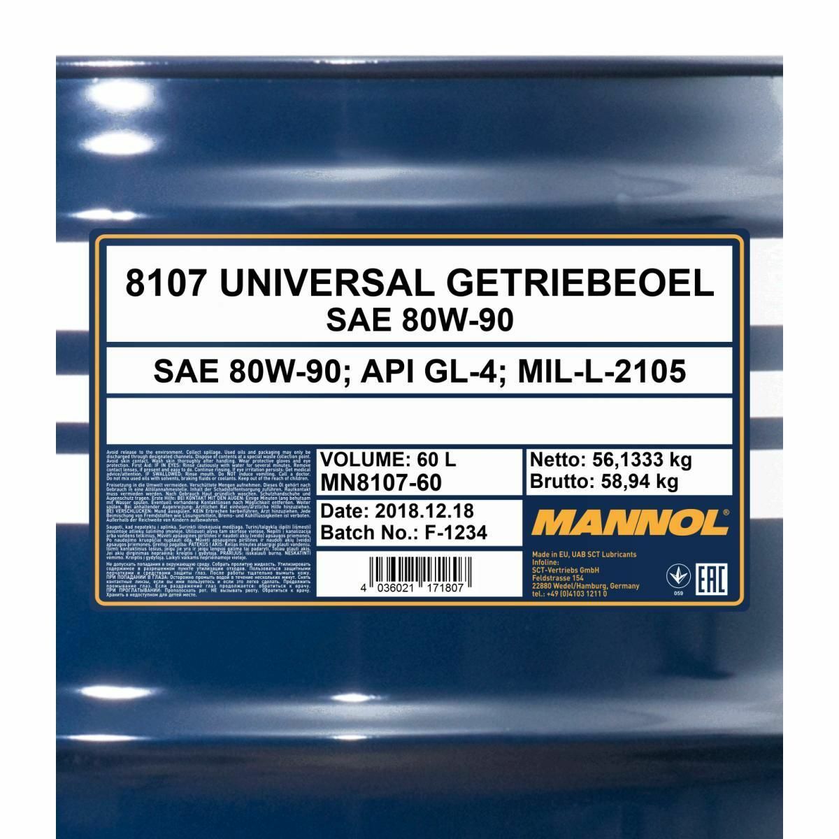 60 Liter MANNOL Universal Getriebeöl 80W-90 API GL 4 80W90 Getriebe Öl