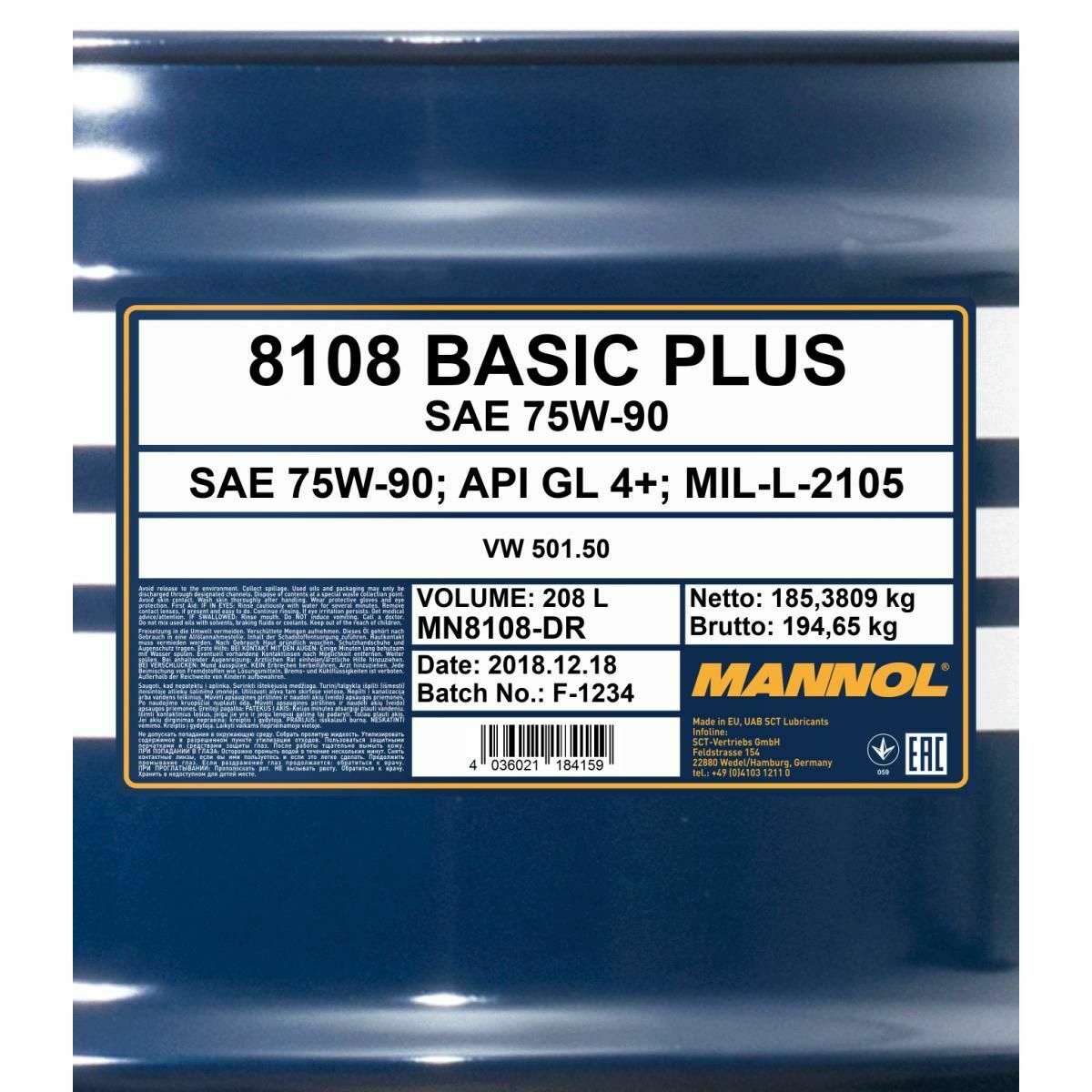 208 Liter MANNOL Basic Plus 75W-90 API GL 4+ Getriebeöl 75W90 Öl