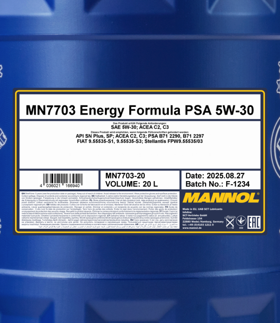 60 Liter (3x20) MANNOL Energy Formula PSA MN7703 Motoröl 5W-30 API SN/CH-4