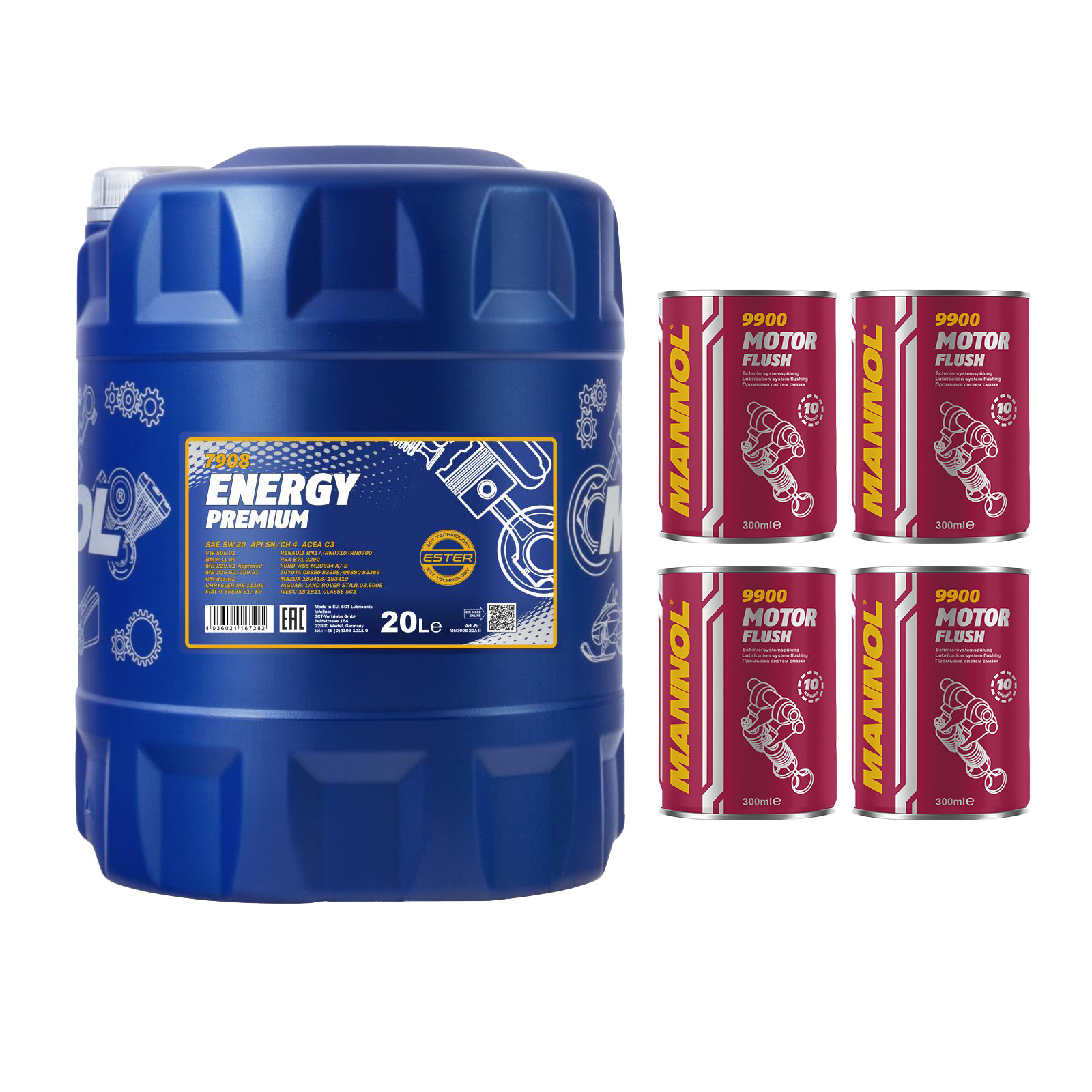 20 Liter MANNOL Energy Premium 7908 5W-30 Motoröl API SP + 4x Motor Flush