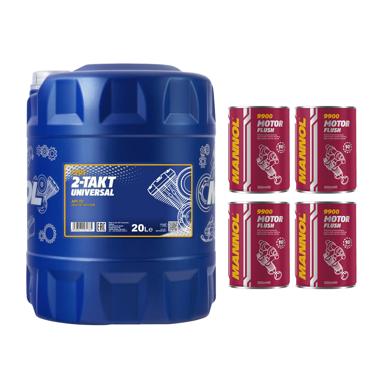 20 Liter MANNOL 2-Takt Universal 7205 API TC JASO FB Motorradöl + 4x Motor Flush