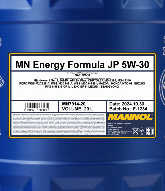 20 Liter MANNOL Energy Formula JP 7914 5W-30 API SN Plus Motoröl + 1x Ablasshahn