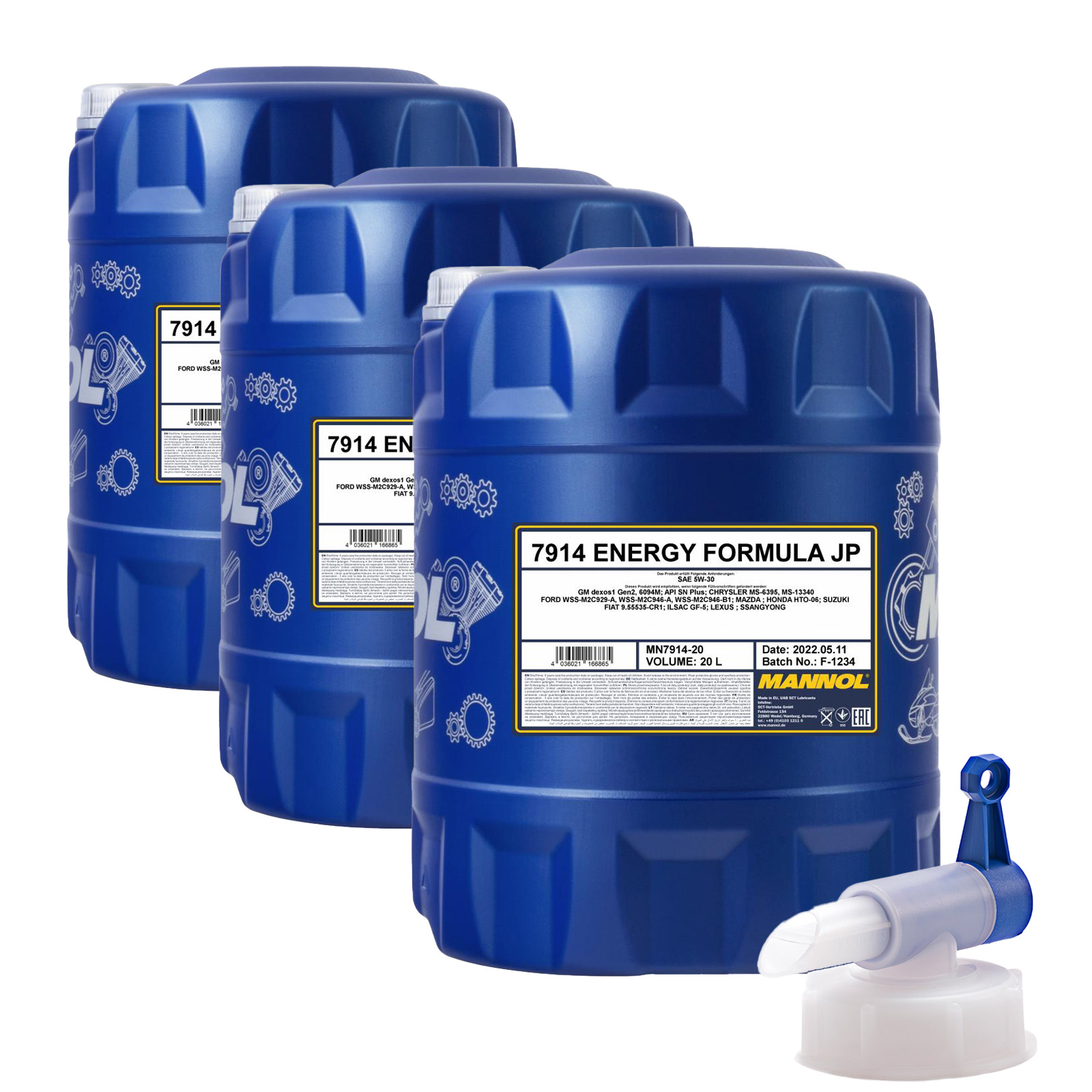 60 Liter (3x20) MANNOL Energy Formula JP 7914 5W-30 API SN Plus Öl + Ablasshahn