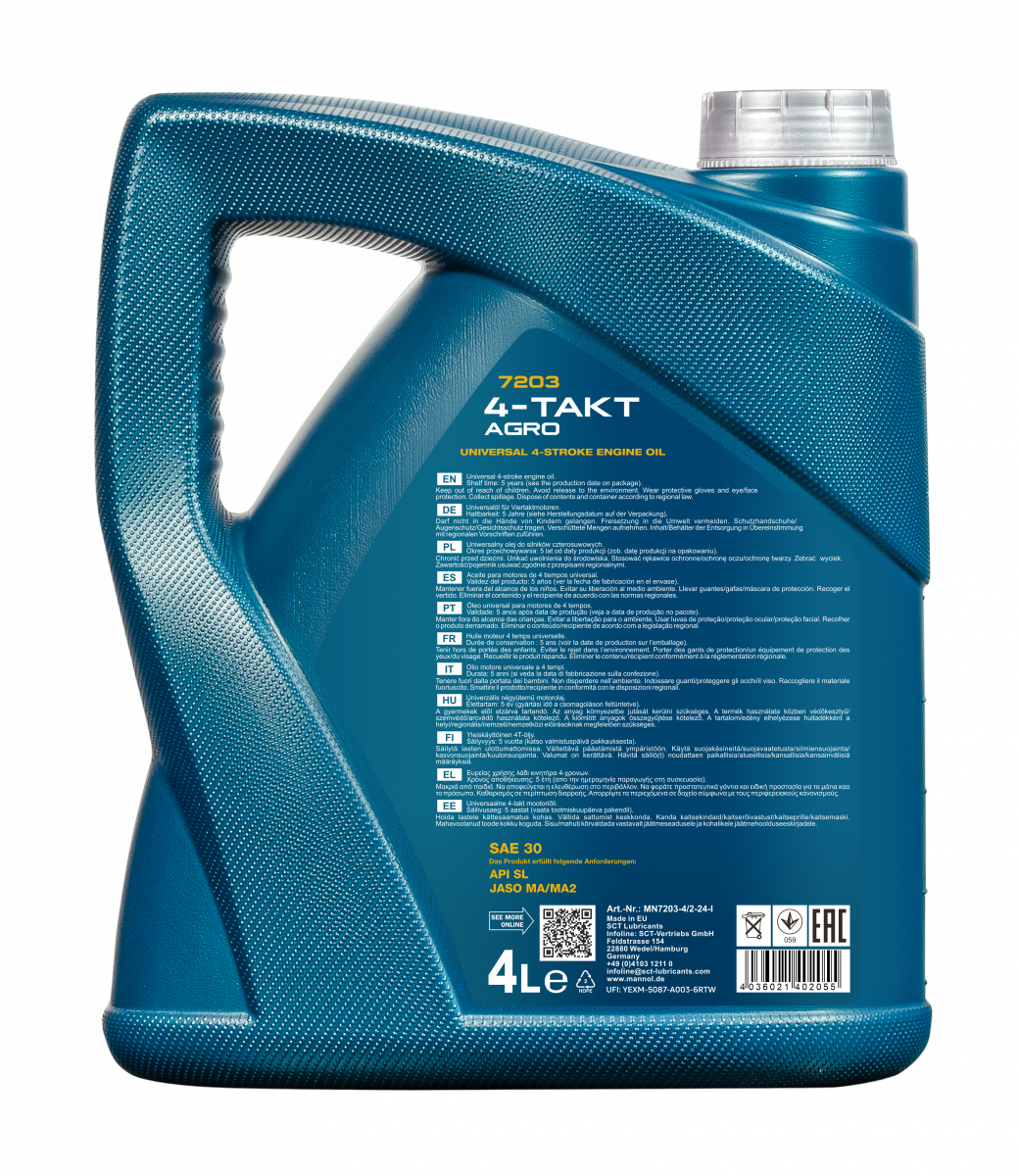 16 Liter (4x4) MANNOL 4-Takt Agro 7203 SAE 30 API SL Motoröl für Gartengeräte