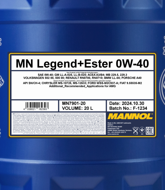 20 Liter MANNOL Legend Ester 0W-40 7901 SN/CH-4 ACEA A3/B4 Motoröl