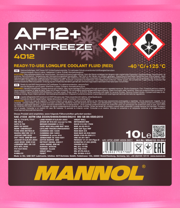 10 Liter (1x10) MANNOL Antifreeze AF12+ Frostschutz Fertiggemisch rot -40°C G12+