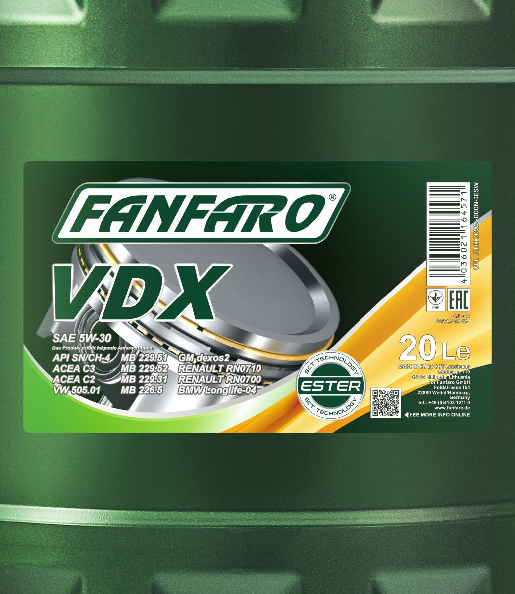 20 Liter FANFARO VDX 5W-30 Motoröl C3 passend für VW 502.00 BMW LL-04 MB 229.51 GM Dexos2