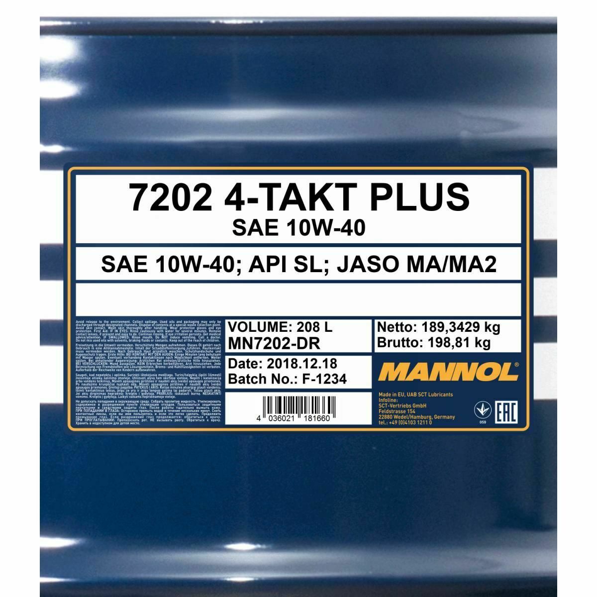 208 Liter MANNOL 4-Takt Plus 10W-40 7202 API SL Motorradöl