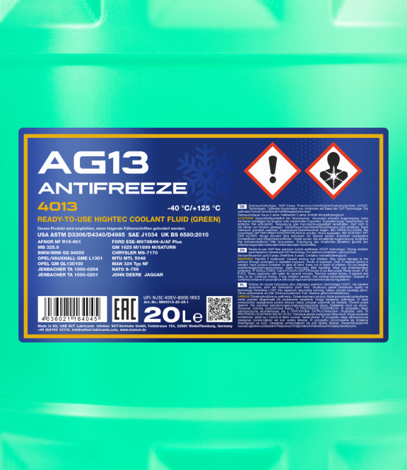 20 Liter MANNOL Kühlflüssigkeit Antifreeze AG13 -40°C BMW , DAF, FORD AF Plus
