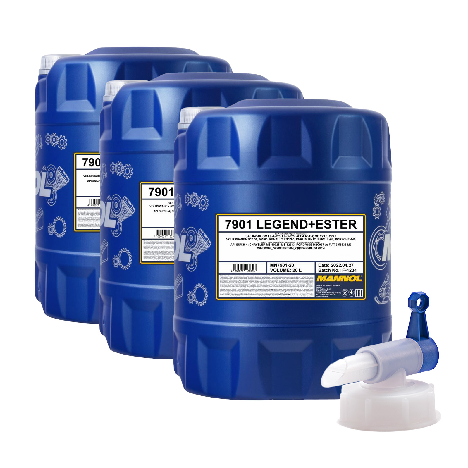 60 Liter (3x20) MANNOL Legend Ester 0W-40 7901 SN/CH-4 Motoröl + 1x Ablasshahn 60 Liter (3x20) MANNOL Legend Ester 0W-40 7901 SN/CH-4 Motoröl + 1x Ablasshahn