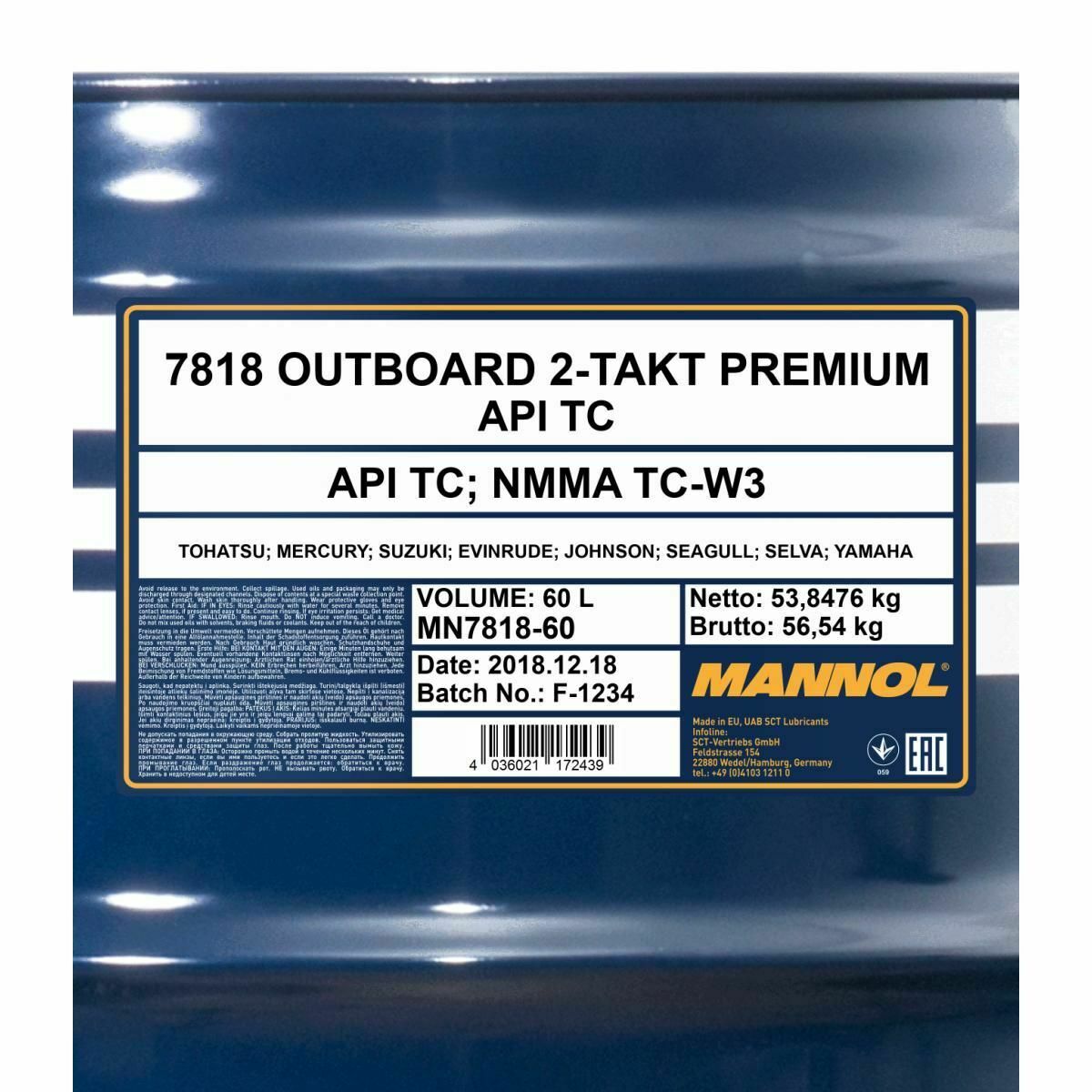 60 Liter MANNOL 7818 Outboard 2-Takt Premium API TD Motoröl 4032021102360