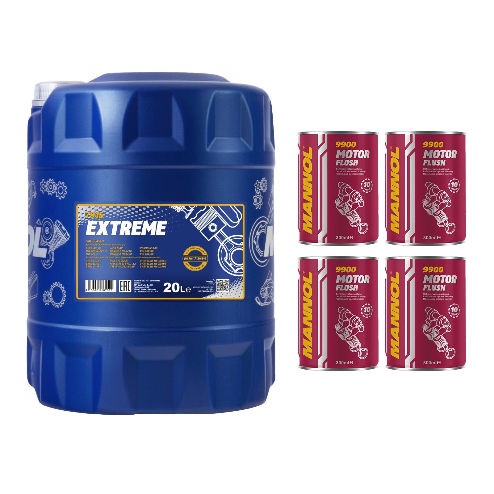 1x20 Liter MANNOL Extreme 5W-40 5W40 Motoröl ÖL 4x Motor Flush 9900 Set