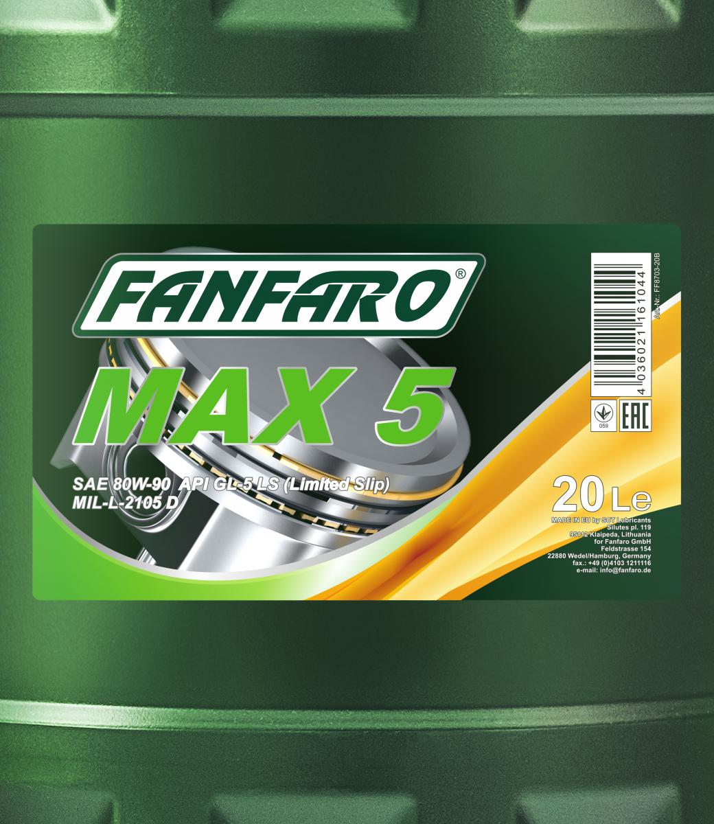 40 Liter (2x20) FANFARO MAX 5 80W-90 API GL-5 LS Getriebeöl MIL L 2105 D 40 Liter (2x20) FANFARO MAX 5 80W-90 API GL-5 LS Getriebeöl MIL L 2105 D