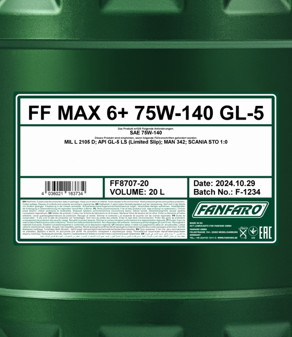 20 Liter FANFARO MAX 6+ 75W-140 GL-5 API GL5 LS Getriebeöl MIL-L-2105 D