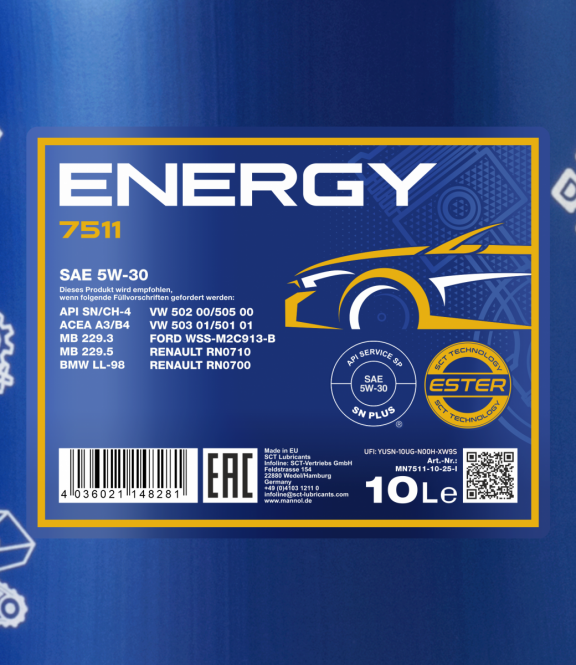 10 Liter MANNOL Motoröl Energy 5W-30 7511 API SN/CH-4 passend für MB VW A3/B4