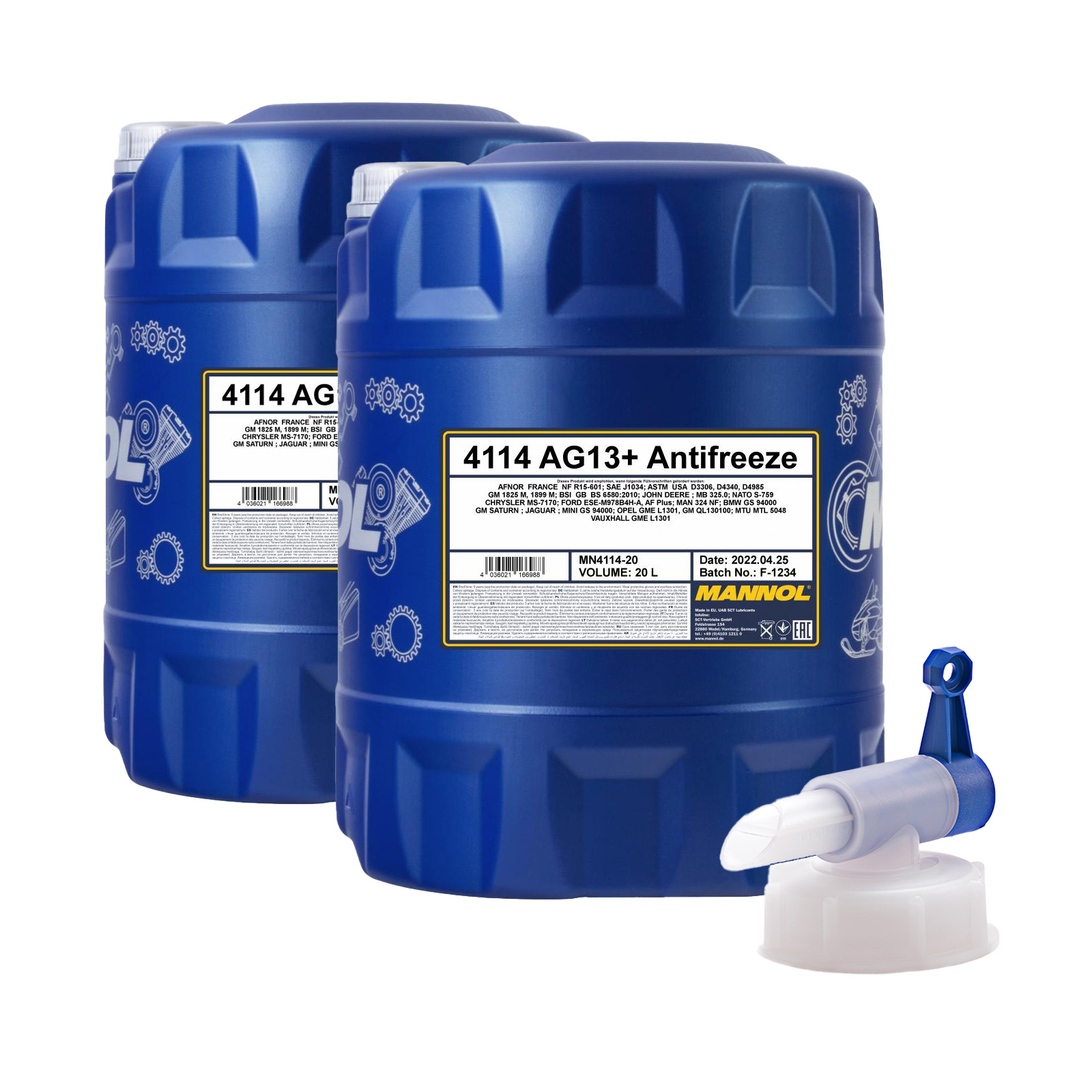 40 Liter (2x20) MANNOL Antifreeze AG13+ Advanced Kühlflüssigkeit + 1x Ablasshahn