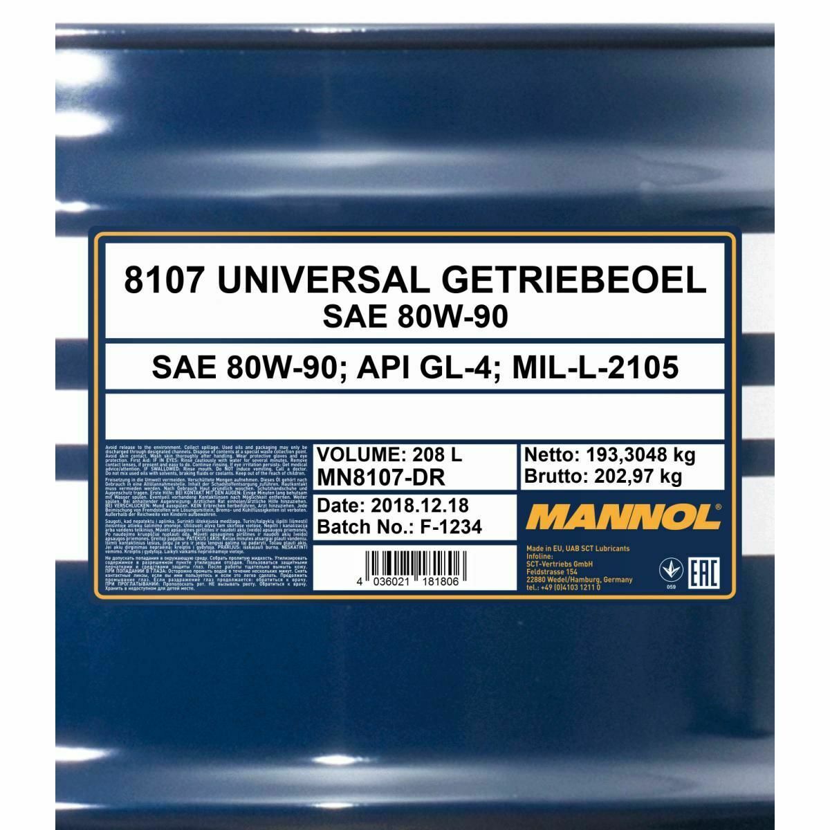 208 Liter MANNOL Universal Getriebeöl 80W-90 API GL 4 80W90 Getriebe Öl