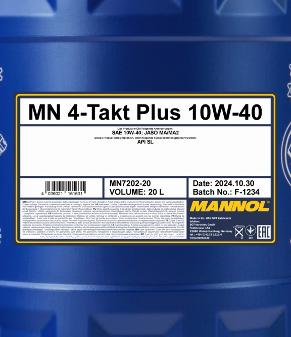 20 Liter MANNOL 4-Takt Plus 10W-40 7202 API SL Motorradöl + 1x Ablasshahn