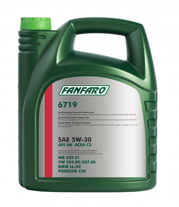 5 Liter FANFARO 6719 Premium Synthetik 5W-30 Motoröl VAG 504.00 507.00 MB 229.51 passend für BMW