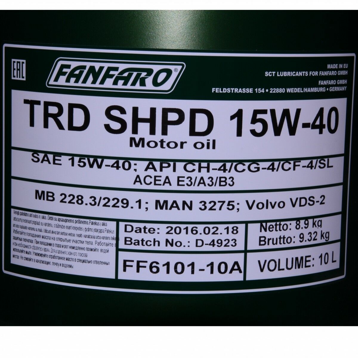 20L FANFARO TRD SHPD 15W-40 API CH4 SL NKW Motoröl 228.3 229.1 E3 A3 B3