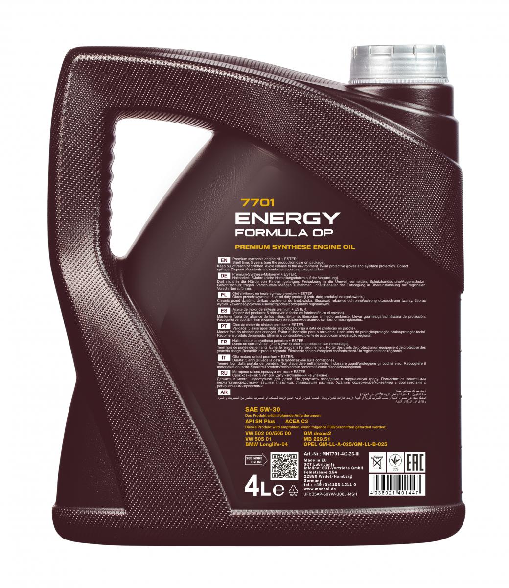 4 Liter MANNOL Motoröl Energy Formula OP 7701 5W-30 API SN Plus passend für Chevrolet Opel