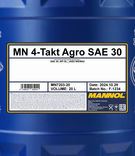 20 Liter MANNOL 4-Takt Agro 7203 SAE 30 API SL Motoröl + 1x Ablasshahn