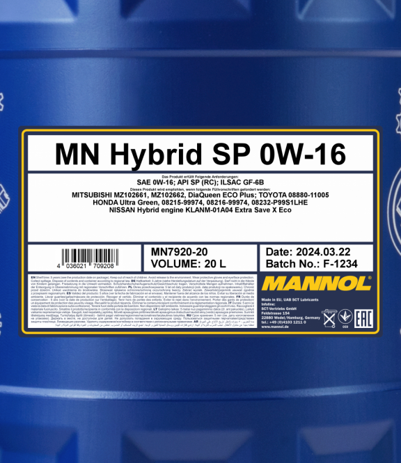 40 Liter (2x20) MANNOL Hybrid SP 0W-16 7920 API SP (RC) ILSAC GF-6B 40 Liter (2x20) MANNOL Hybrid SP 0W-16 7920 API SP (RC) ILSAC GF-6B